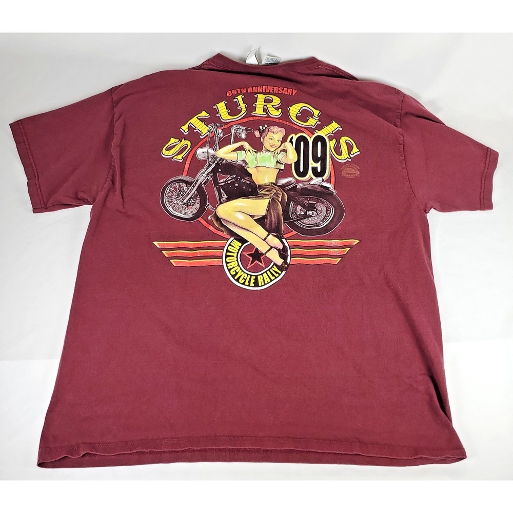 Sturgis Motorcycle Rally 2009 69th Anniversary T-Shirt Biker Babe 69 Red Mens XL